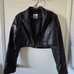 Zara Black Cropped Faux Leather Blazer Jacket